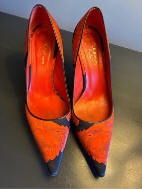 LK Bennett Red and Black Floral Pointed-Toe Pumps